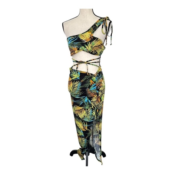Womens Tropical Print Top & Maxi Skirt Set Green Blue Slit Sexy 10 - Picture 1 of 12